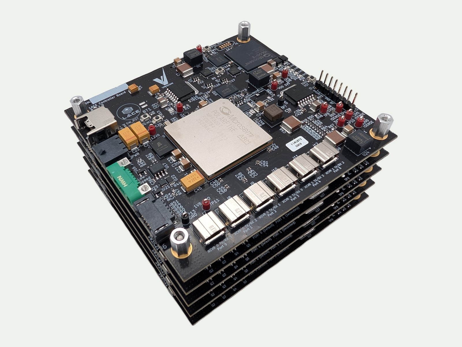 LACE engineering unit: a controller board stacked on four compute boards