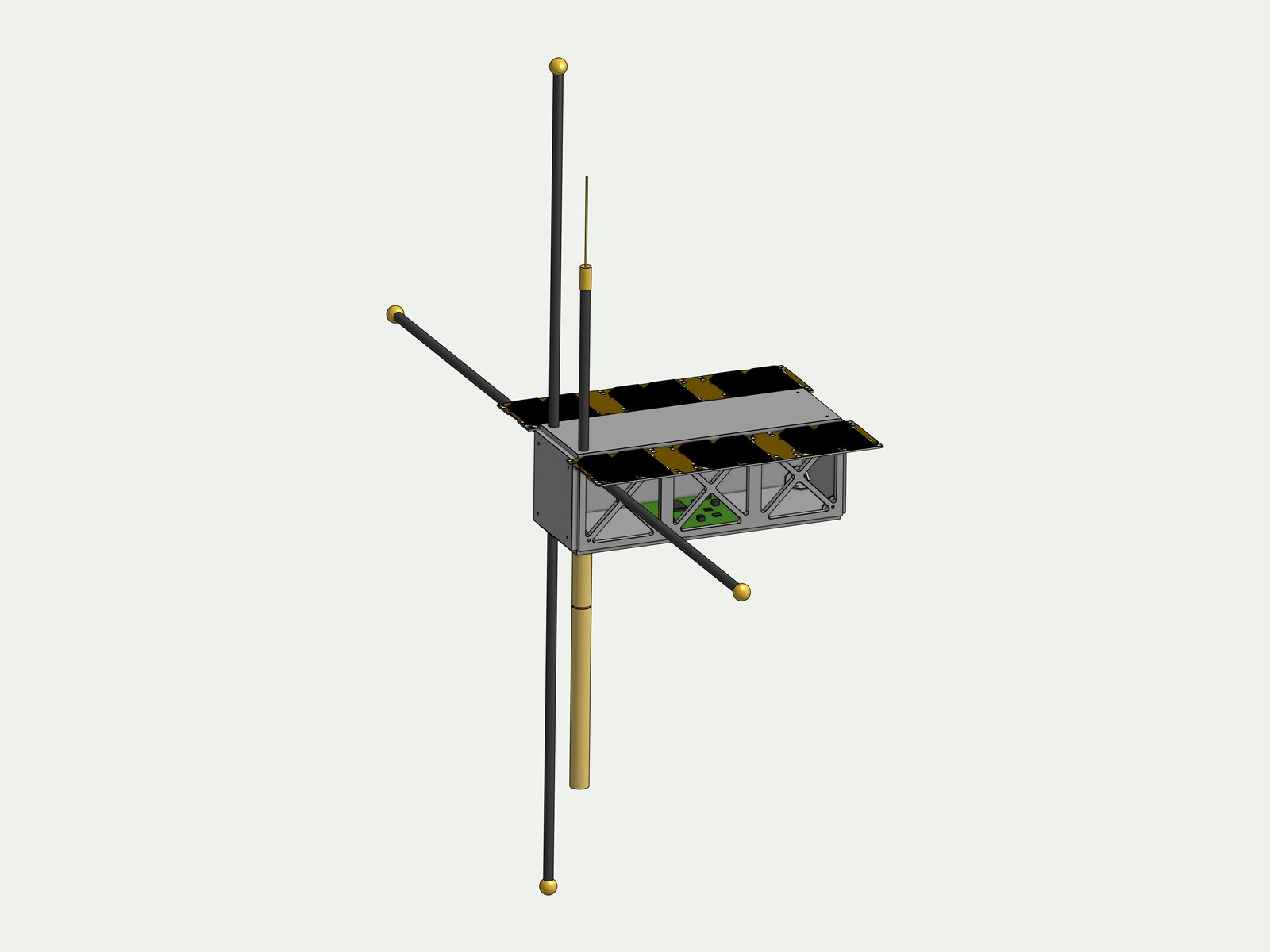 CAD render of a small satellite with sensor probes on deployable booms
